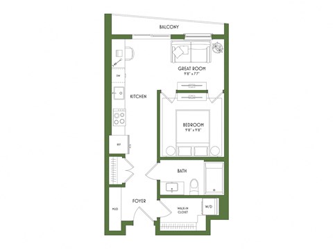 Floor plan for 1 bed, 1 bath, 533 sqft